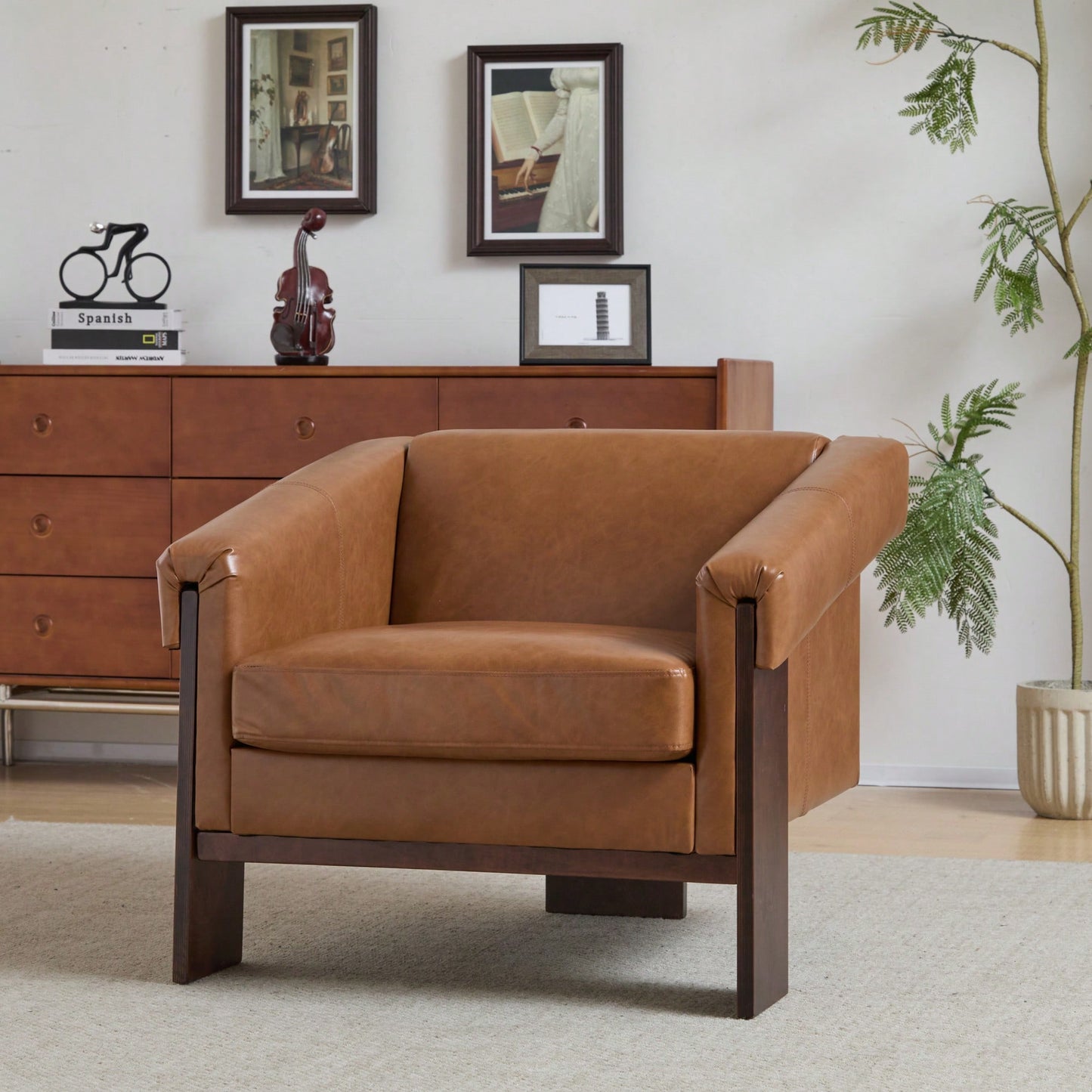 Mid-Century Modern Accent Chair In Brown Faux Leather With Deep Cushions And Wide Armrests For Living Room Bedroom Or Office Use