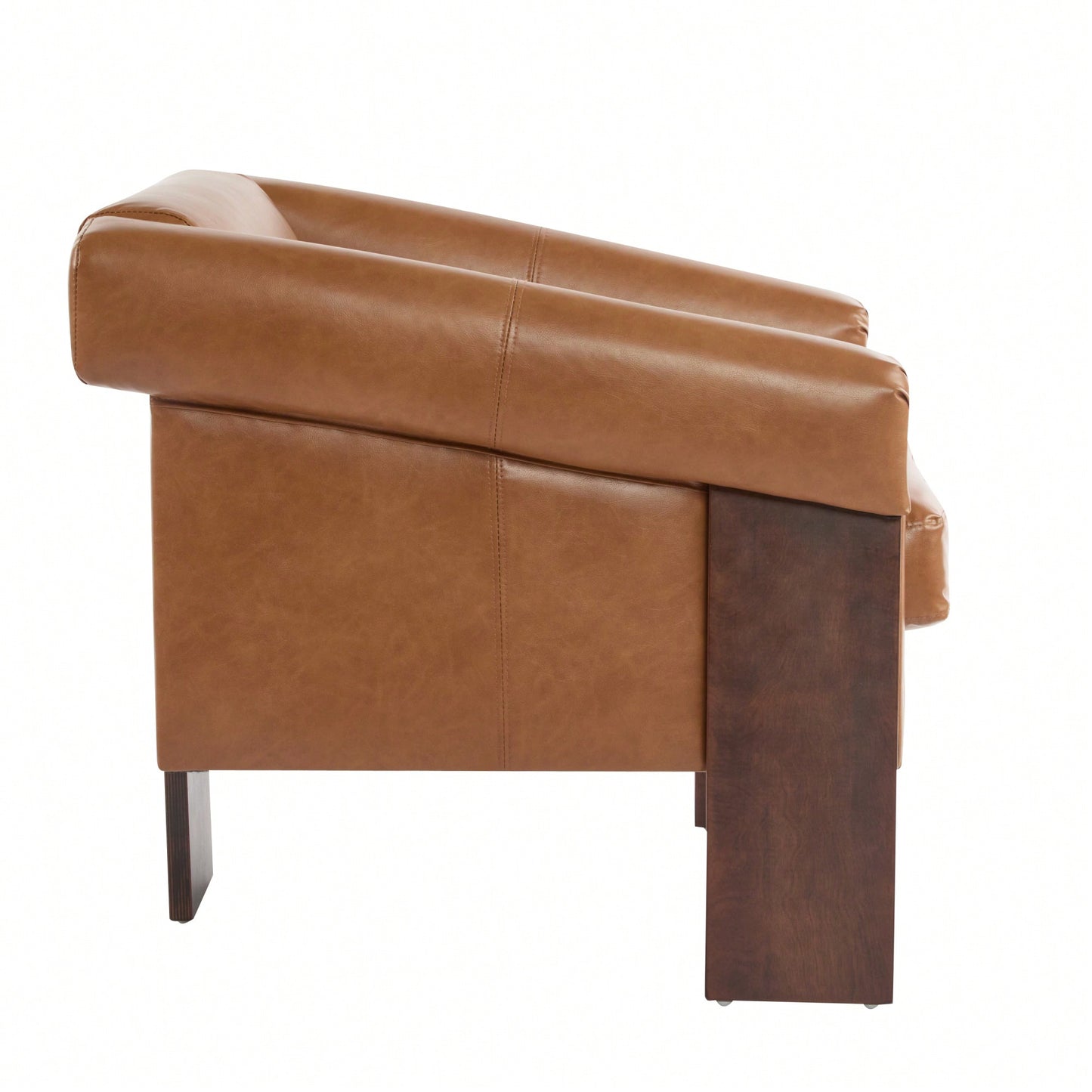 Mid-Century Modern Accent Chair In Brown Faux Leather With Deep Cushions And Wide Armrests For Living Room Bedroom Or Office Use