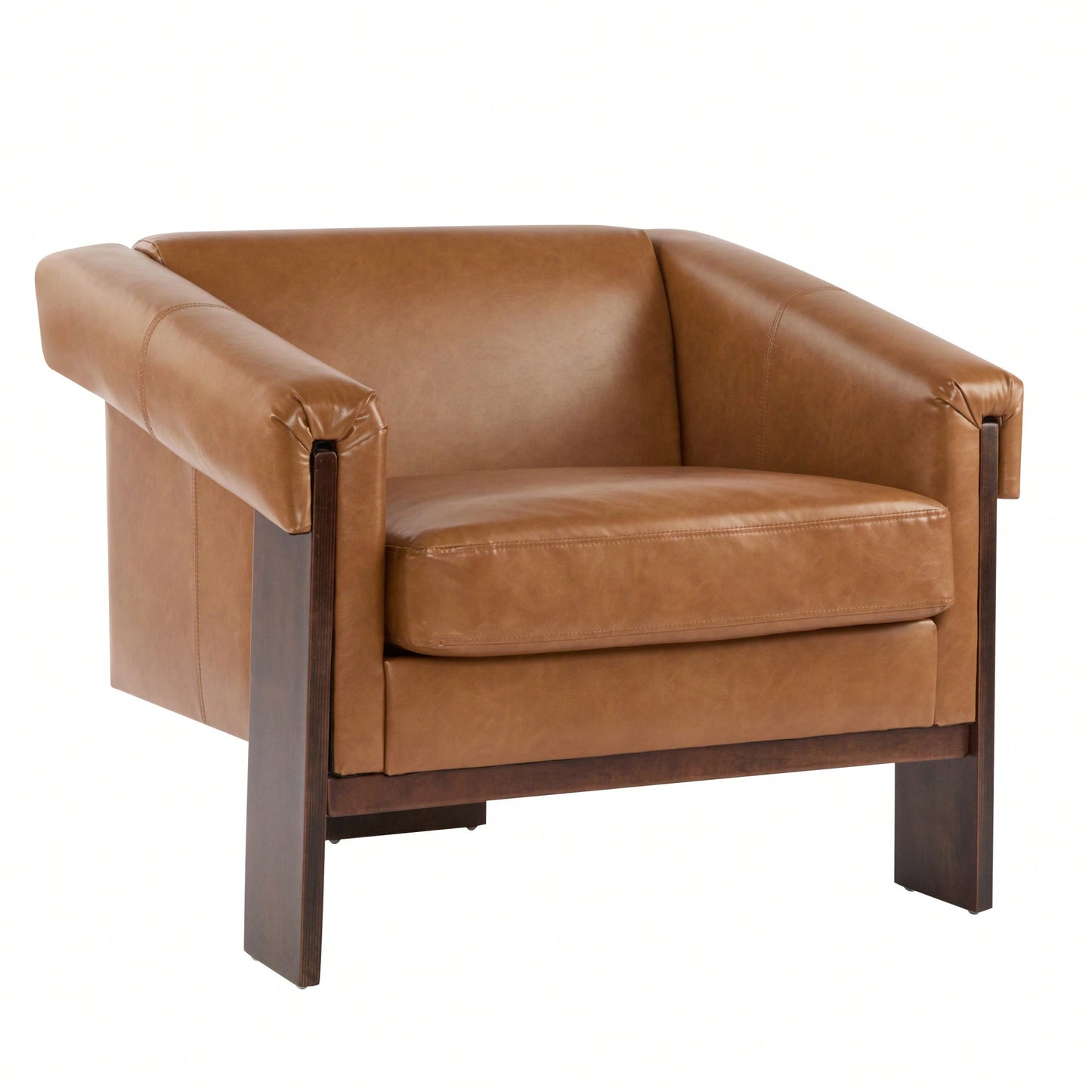 Mid-Century Modern Accent Chair In Brown Faux Leather With Deep Cushions And Wide Armrests For Living Room Bedroom Or Office Use