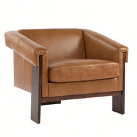 Mid-Century Modern Accent Chair In Brown Faux Leather With Deep Cushions And Wide Armrests For Living Room Bedroom Or Office Use