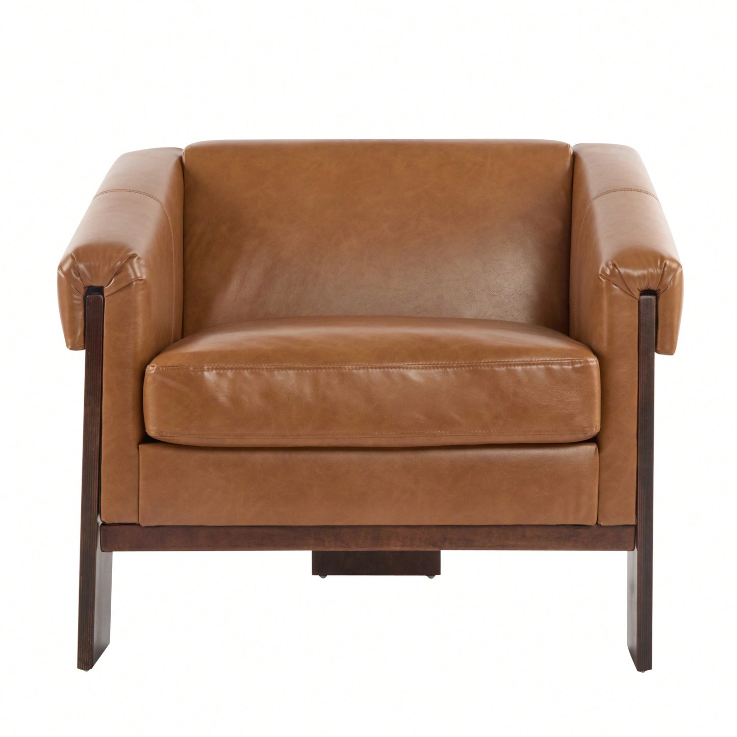 Mid-Century Modern Accent Chair In Brown Faux Leather With Deep Cushions And Wide Armrests For Living Room Bedroom Or Office Use