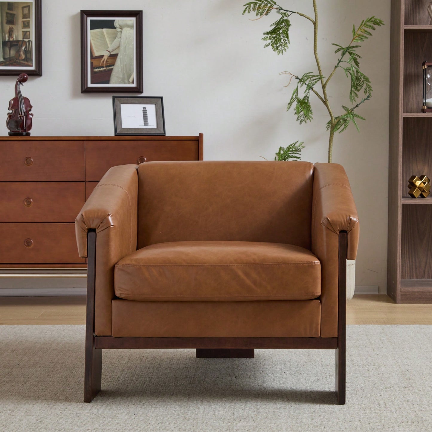 Mid-Century Modern Accent Chair In Brown Faux Leather With Deep Cushions And Wide Armrests For Living Room Bedroom Or Office Use