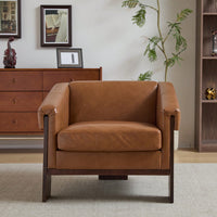 Mid-Century Modern Accent Chair In Brown Faux Leather With Deep Cushions And Wide Armrests For Living Room Bedroom Or Office Use