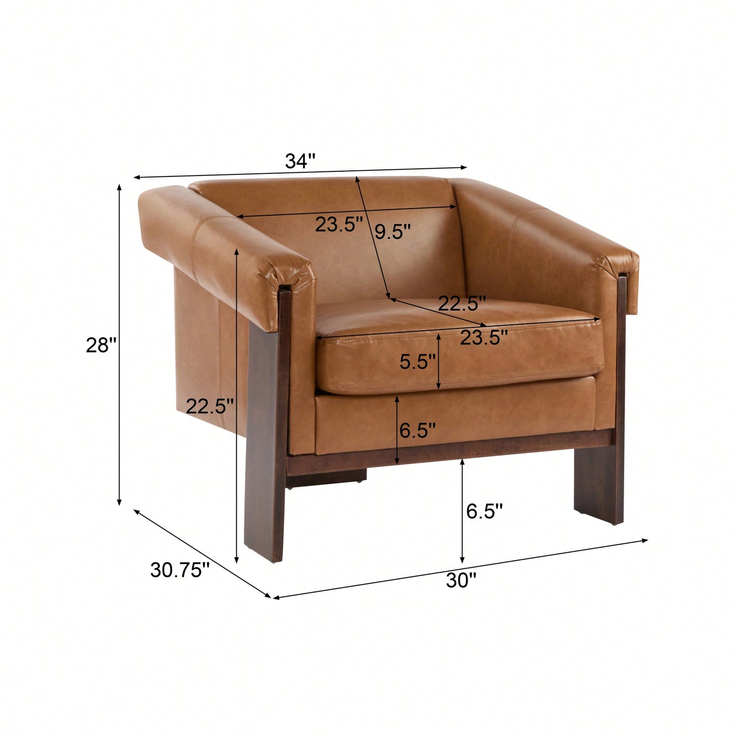 Mid-Century Modern Accent Chair In Brown Faux Leather With Deep Cushions And Wide Armrests For Living Room Bedroom Or Office Use