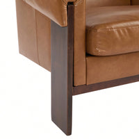 Mid-Century Modern Accent Chair In Brown Faux Leather With Deep Cushions And Wide Armrests For Living Room Bedroom Or Office Use