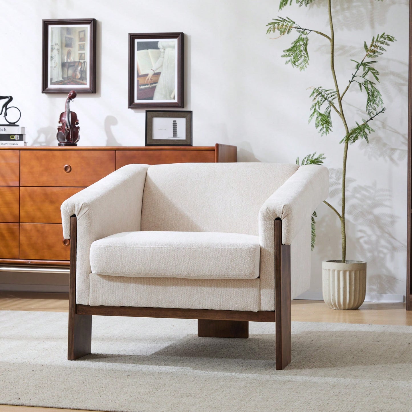Mid-Century Modern Accent Chair In Brown Faux Leather With Deep Cushions And Wide Armrests For Living Room Bedroom Or Office Use