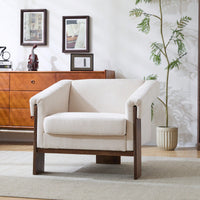 Mid-Century Modern Accent Chair In Brown Faux Leather With Deep Cushions And Wide Armrests For Living Room Bedroom Or Office Use