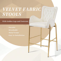 Counter Height Velvet Bar Stools Set Of 2 With Golden Legs And Footrests, Stylish White Arm Chairs For Kitchen Or Dining Room