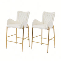 Counter Height Velvet Bar Stools Set Of 2 With Golden Legs And Footrests, Stylish White Arm Chairs For Kitchen Or Dining Room