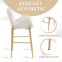 Counter Height Velvet Bar Stools Set Of 2 With Golden Legs And Footrests, Stylish White Arm Chairs For Kitchen Or Dining Room