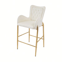 Counter Height Velvet Bar Stools Set Of 2 With Golden Legs And Footrests, Stylish White Arm Chairs For Kitchen Or Dining Room