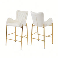 Counter Height Velvet Bar Stools Set Of 2 With Golden Legs And Footrests, Stylish White Arm Chairs For Kitchen Or Dining Room