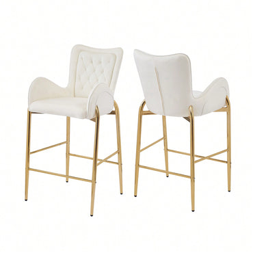 Counter Height Velvet Bar Stools Set Of 2 With Golden Legs And Footrests, Stylish White Arm Chairs For Kitchen Or Dining Room