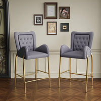 Counter Height Velvet Bar Stools Set Of 2 With Golden Legs And Footrests, Stylish White Arm Chairs For Kitchen Or Dining Room