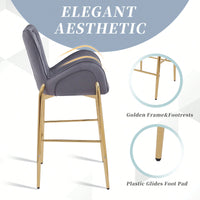 Counter Height Velvet Bar Stools Set Of 2 With Golden Legs And Footrests, Stylish White Arm Chairs For Kitchen Or Dining Room