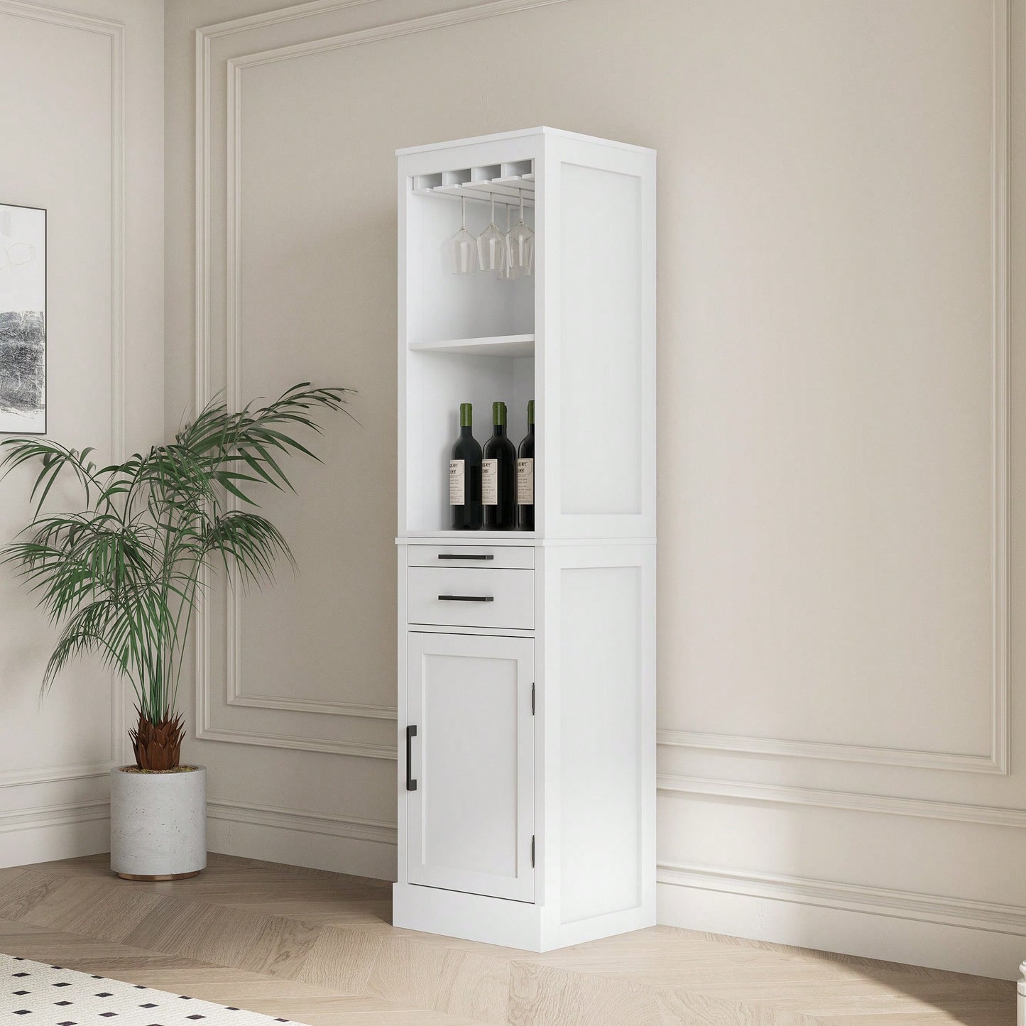 Elegant White Modular Wine Bar Buffet Cabinet With Hutch For Dining Room Storage And Display