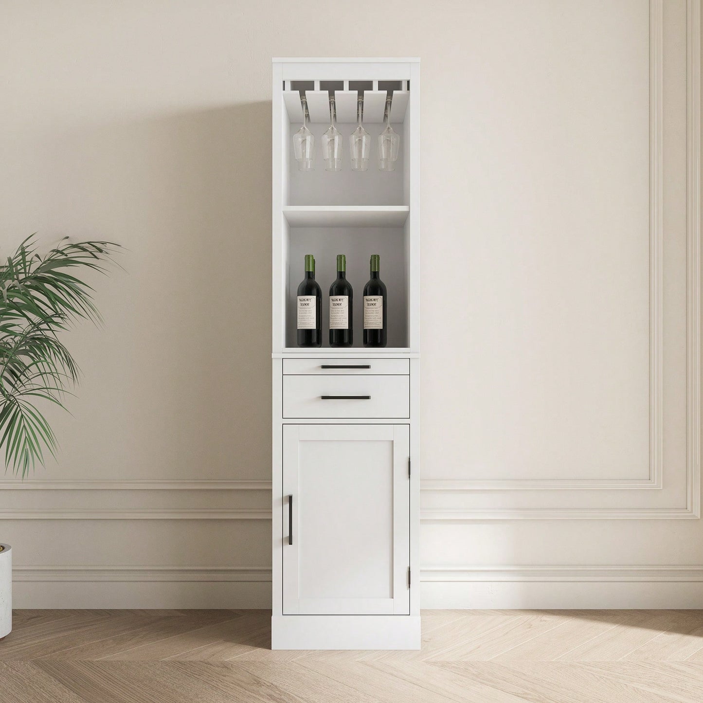 Elegant White Modular Wine Bar Buffet Cabinet With Hutch For Dining Room Storage And Display