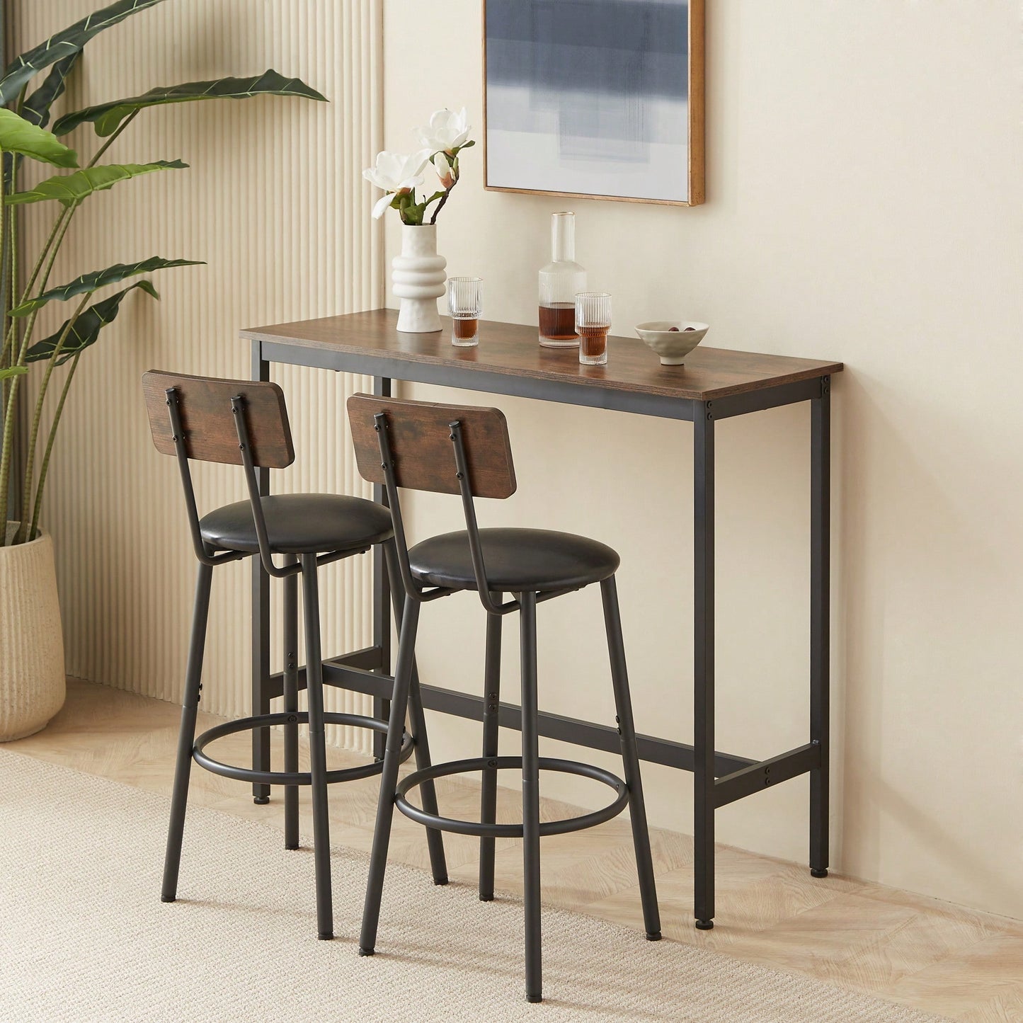 Bar Table Set With 2 PU Soft Seat Bar Stools And Backrest 43.31 Inch Long 15.75 Inch Wide 35.43 Inch High