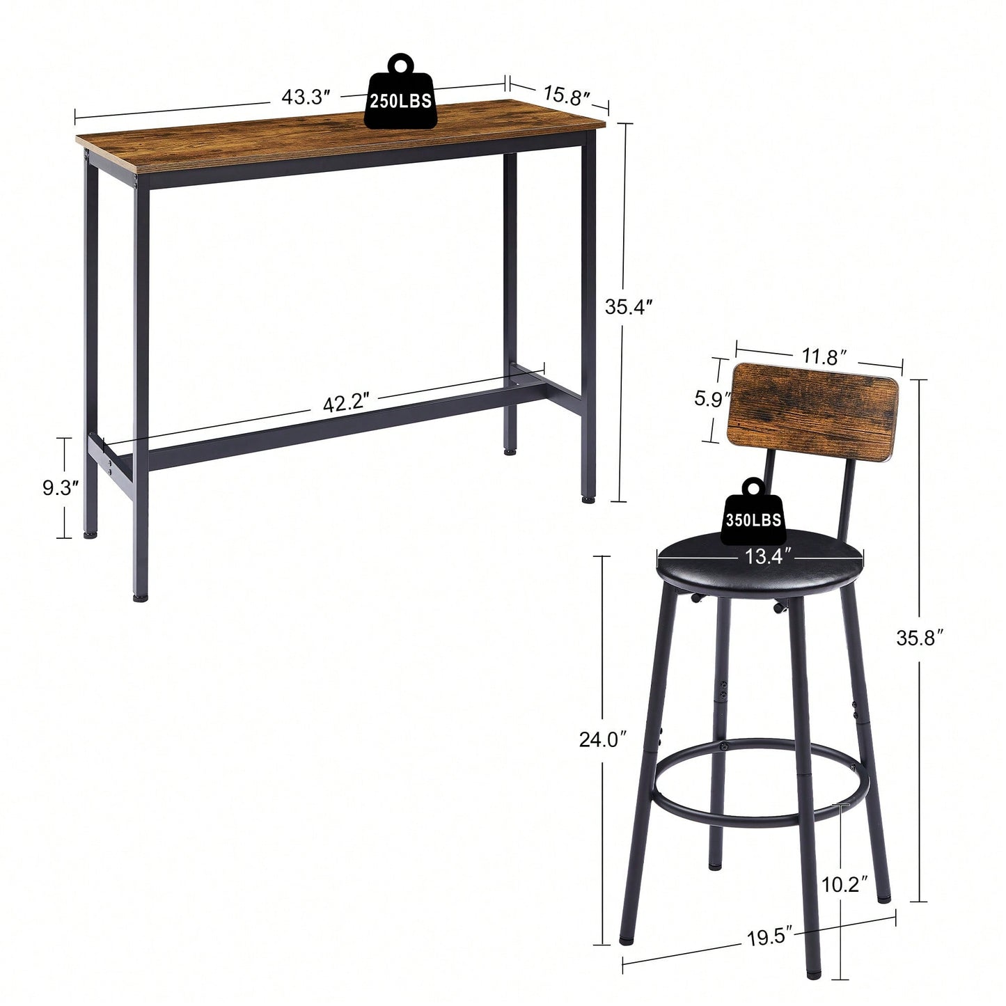 Bar Table Set With 2 PU Soft Seat Bar Stools And Backrest 43.31 Inch Long 15.75 Inch Wide 35.43 Inch High