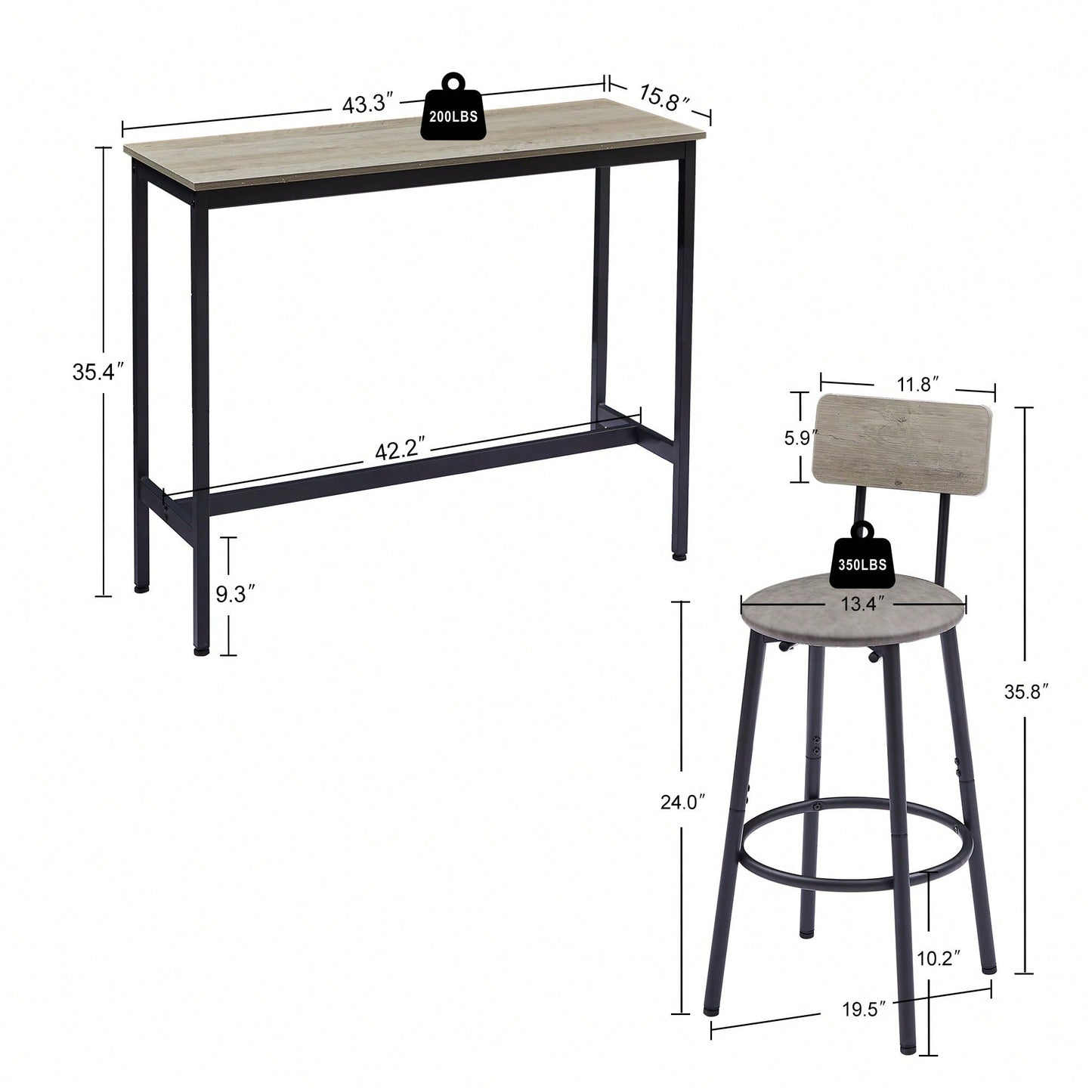 Bar Table Set With 2 PU Soft Seat Bar Stools And Backrest 43.31 Inch Long 15.75 Inch Wide 35.43 Inch High