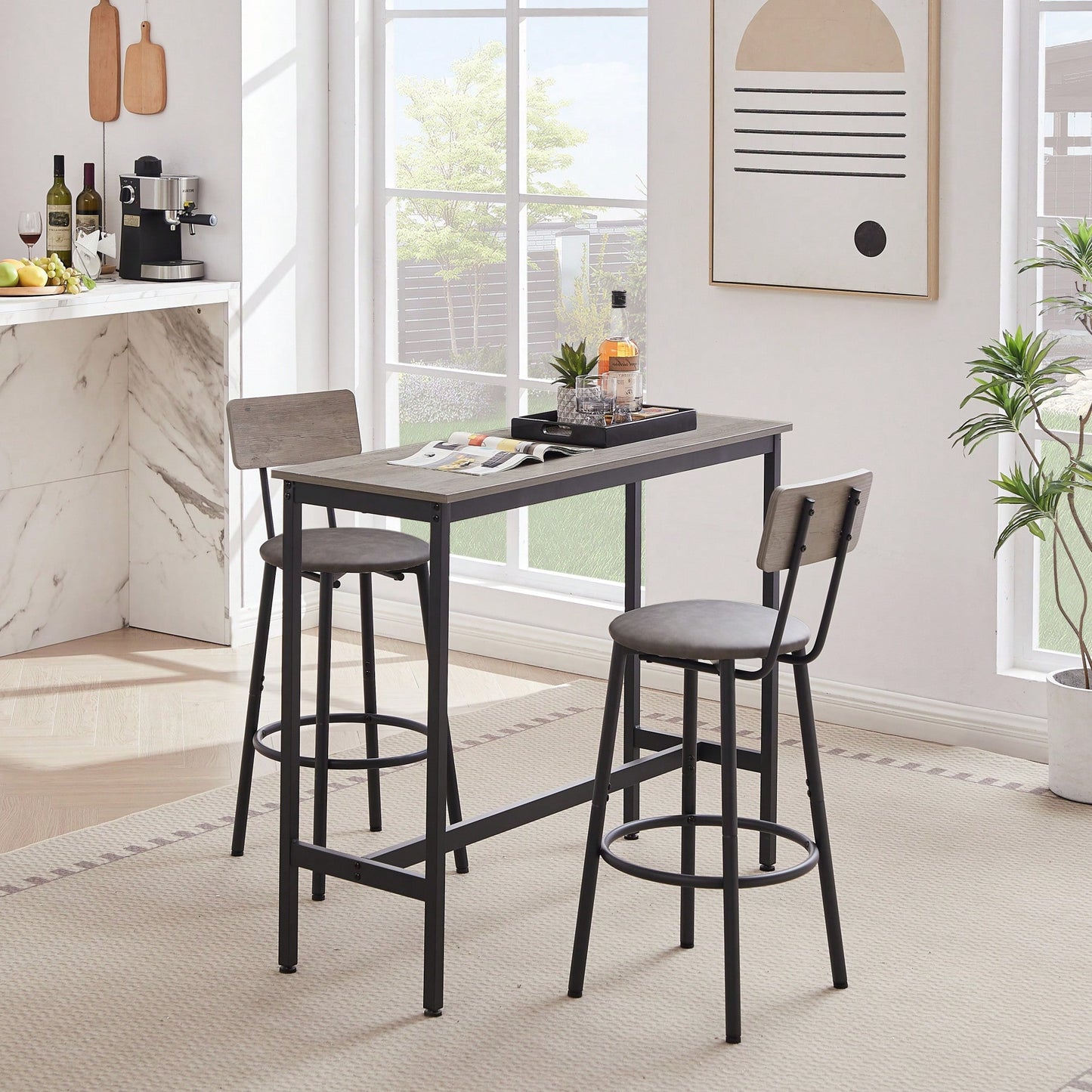Bar Table Set With 2 PU Soft Seat Bar Stools And Backrest 43.31 Inch Long 15.75 Inch Wide 35.43 Inch High