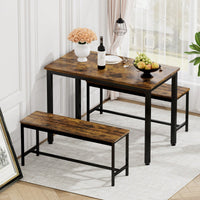 Industrial Rustic Dining Table Set With 2 Benches And Chairs For Kitchen Breakfast Living Room Party Room
