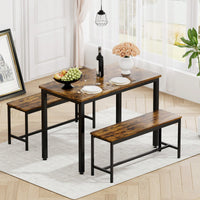 Industrial Rustic Dining Table Set With 2 Benches And Chairs For Kitchen Breakfast Living Room Party Room