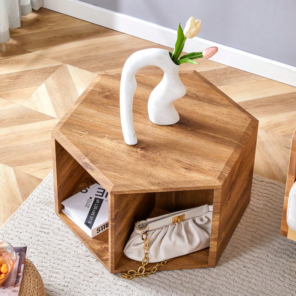 Hexagonal MDF Coffee Table With Unique Pattern Stickers And Multi-Hole Design For Enhanced Storage And Versatile Style