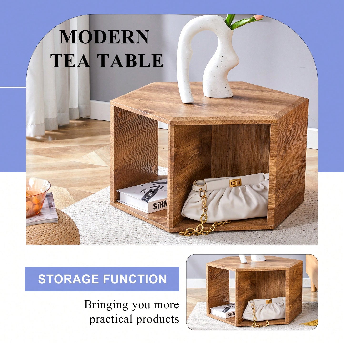 Hexagonal MDF Coffee Table With Unique Pattern Stickers And Multi-Hole Design For Enhanced Storage And Versatile Style