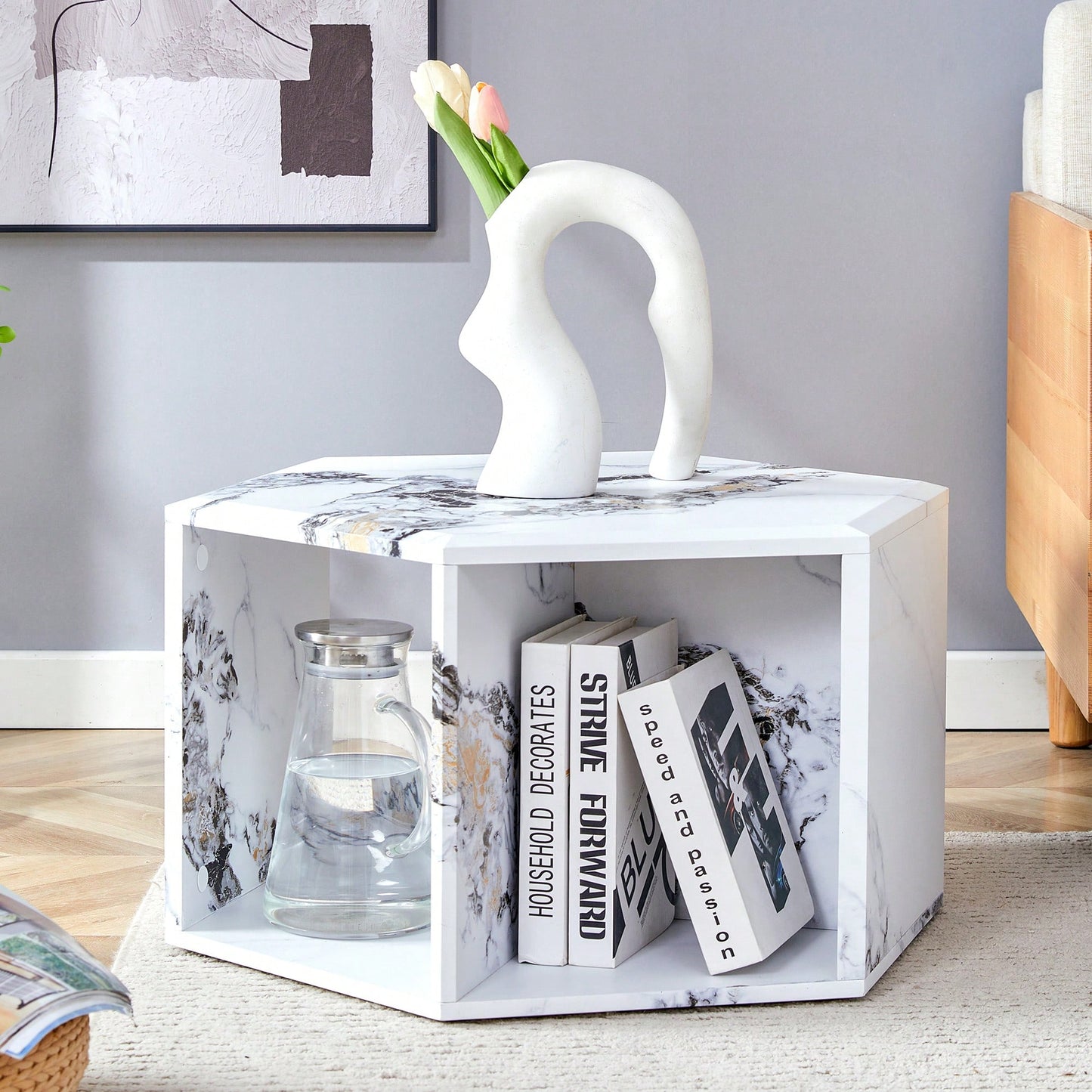 Hexagonal MDF Coffee Table With Unique Pattern Stickers And Multi-Hole Design For Enhanced Storage And Versatile Style