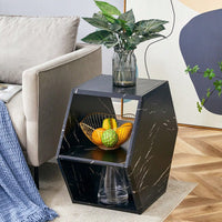 Hexagonal MDF Coffee Table With Unique Pattern Stickers And Multi-Hole Design For Enhanced Storage And Versatile Style