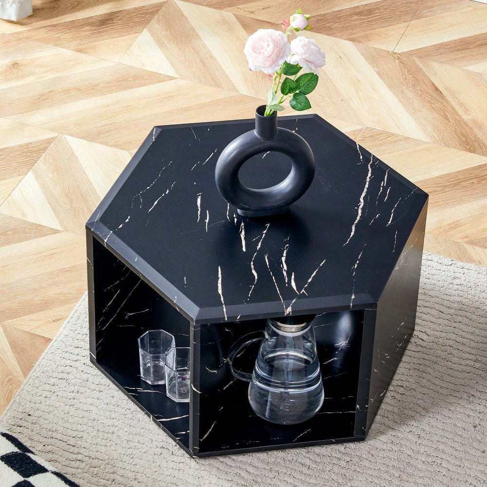 Hexagonal MDF Coffee Table With Unique Pattern Stickers And Multi-Hole Design For Enhanced Storage And Versatile Style