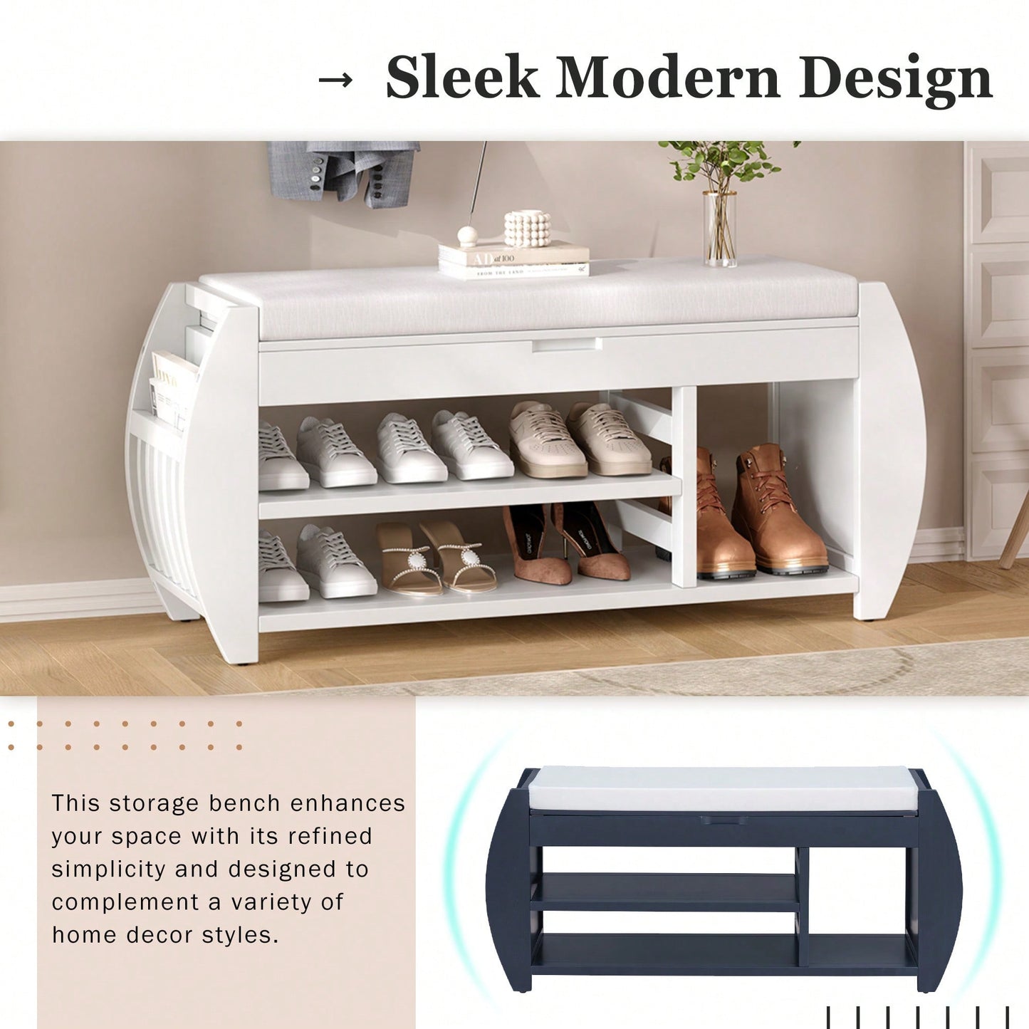 Multifunctional Storage Bench With Cushion And Curved Sides For Entryway And Living Room In Black