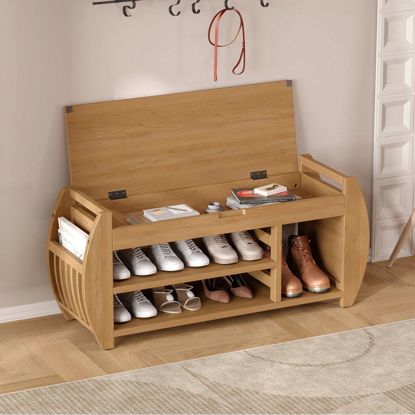 Multifunctional Storage Bench With Cushion And Curved Sides For Entryway And Living Room In Black