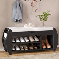 Multifunctional Storage Bench With Cushion And Curved Sides For Entryway And Living Room In Black