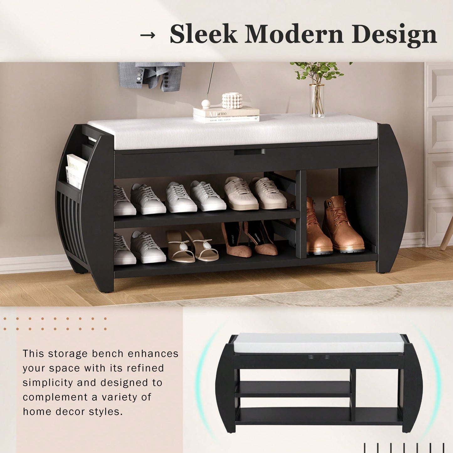 Multifunctional Storage Bench With Cushion And Curved Sides For Entryway And Living Room In Black