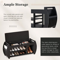 Multifunctional Storage Bench With Cushion And Curved Sides For Entryway And Living Room In Black