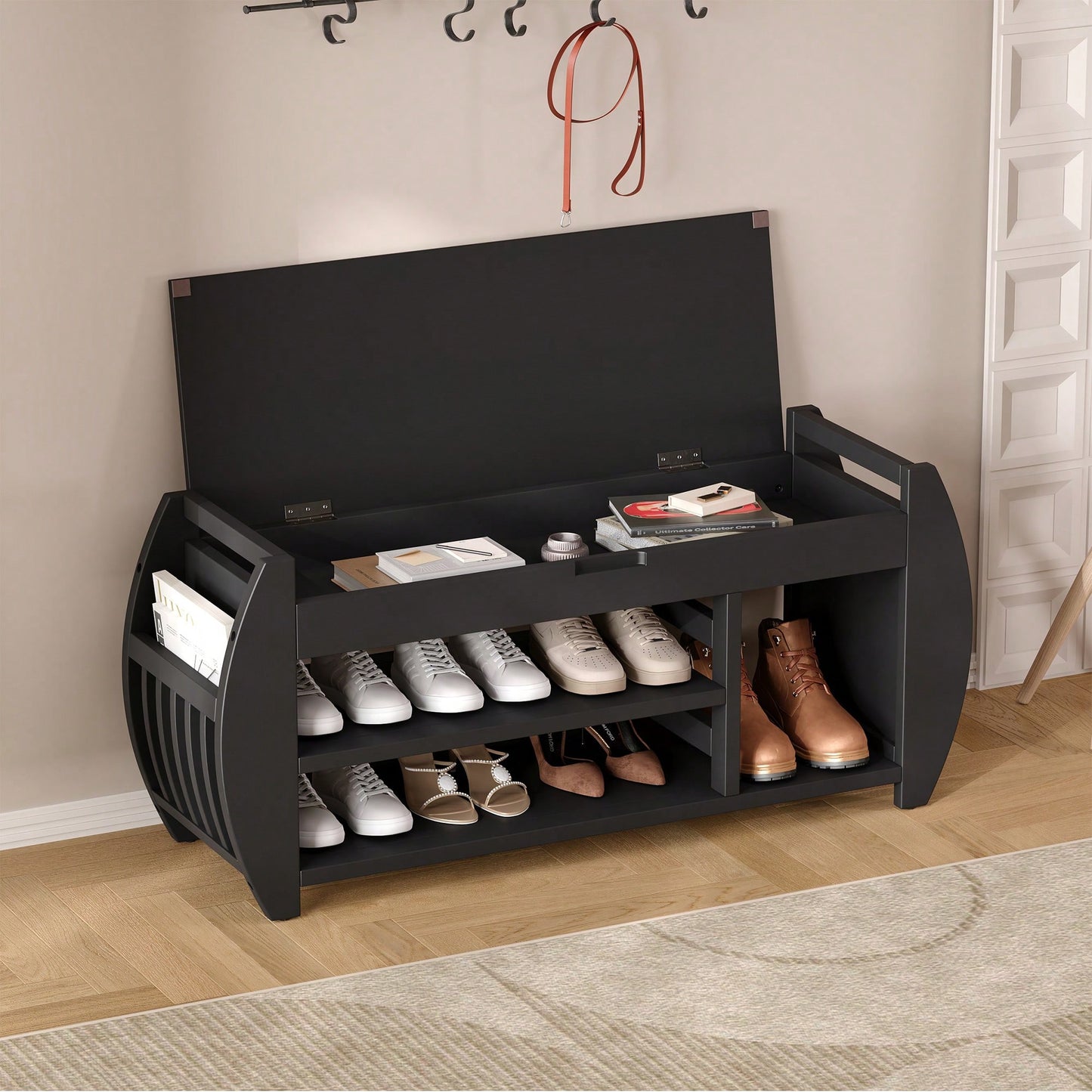 Multifunctional Storage Bench With Cushion And Curved Sides For Entryway And Living Room In Black