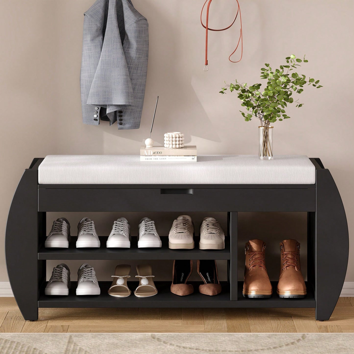 Multifunctional Storage Bench With Cushion And Curved Sides For Entryway And Living Room In Black