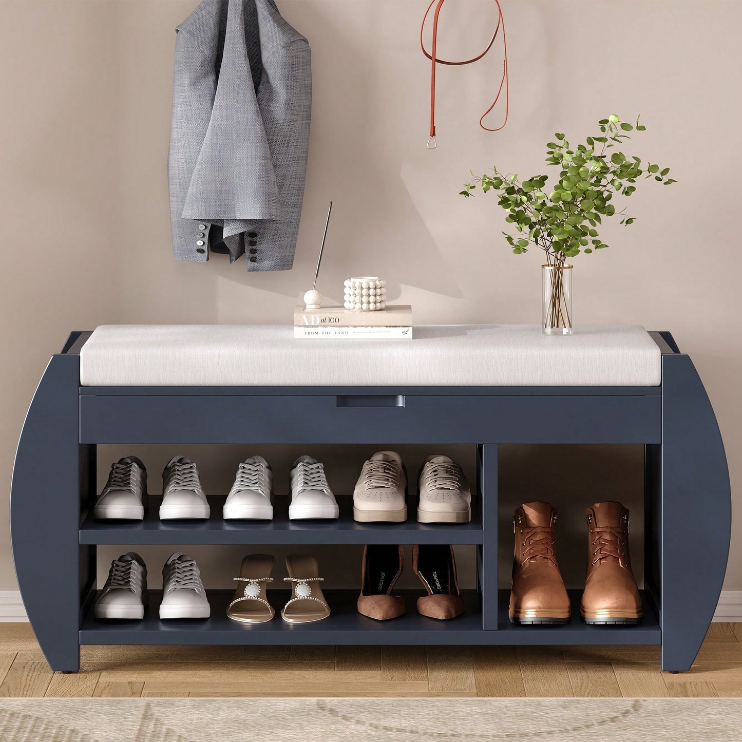 Multifunctional Storage Bench With Cushion And Curved Sides For Entryway And Living Room In Black