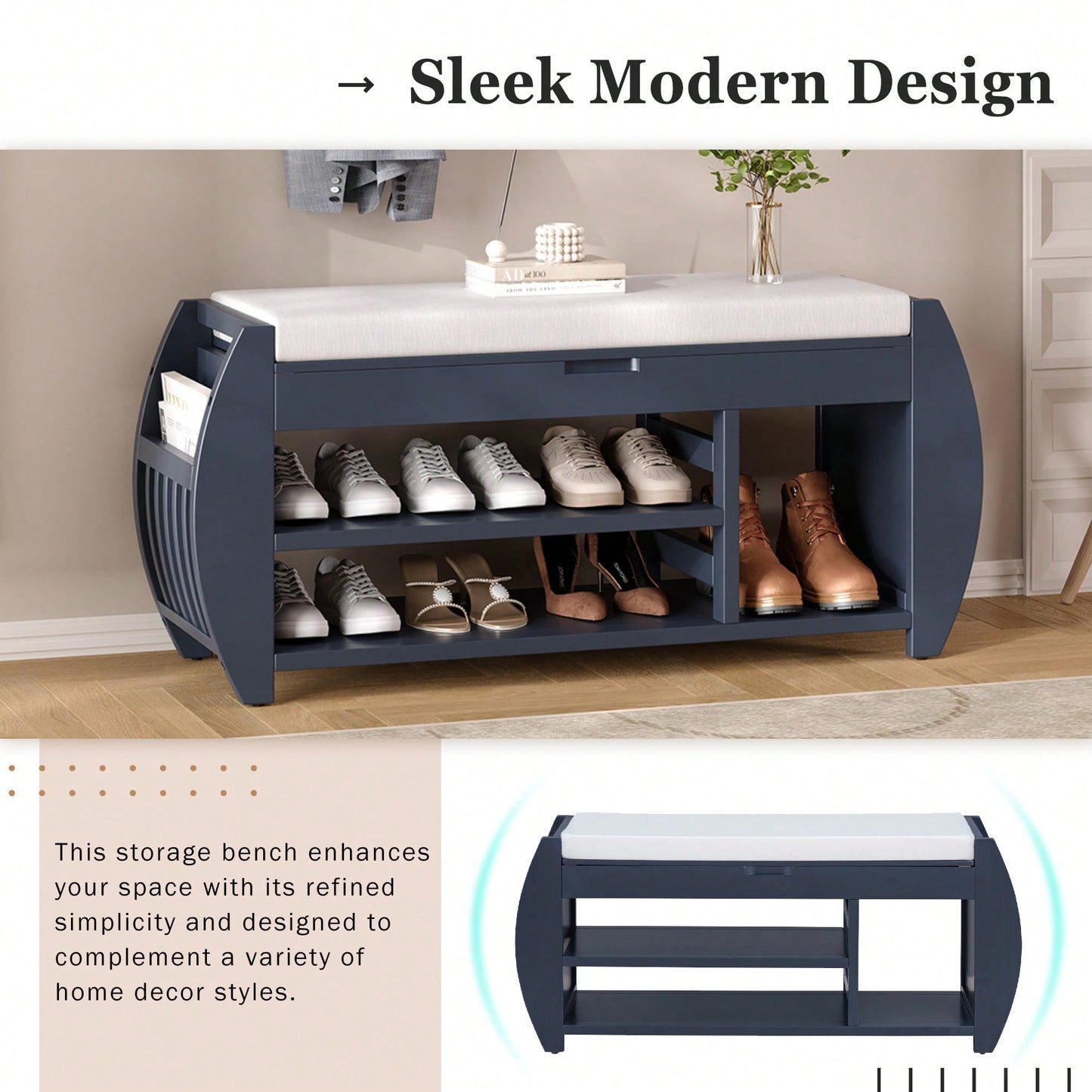 Multifunctional Storage Bench With Cushion And Curved Sides For Entryway And Living Room In Black