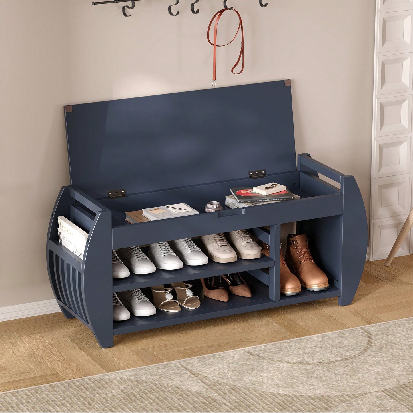 Multifunctional Storage Bench With Cushion And Curved Sides For Entryway And Living Room In Black