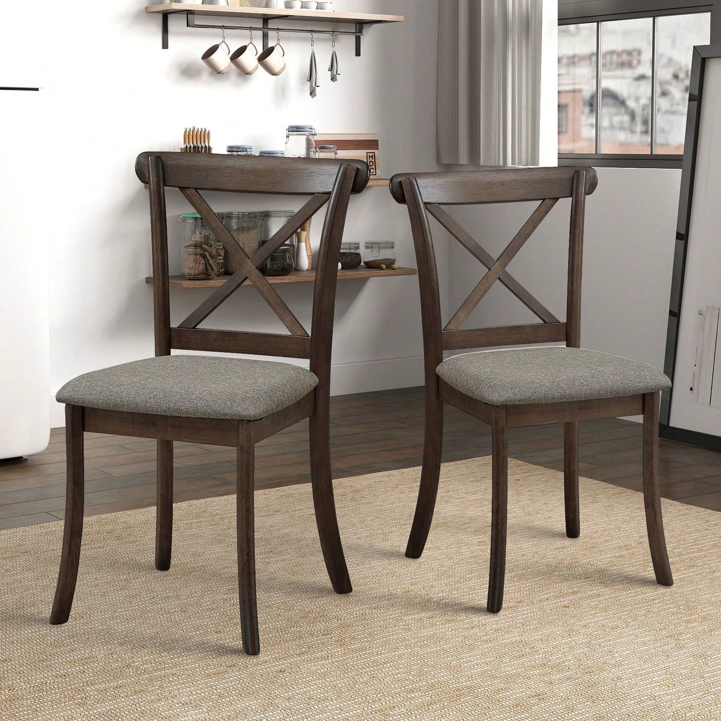 Modern Fabric Upholstered X Back Dining Chairs Set Of 2, Rubber Wood Farmhouse Style Kitchen Side Chairs In Oak Finish