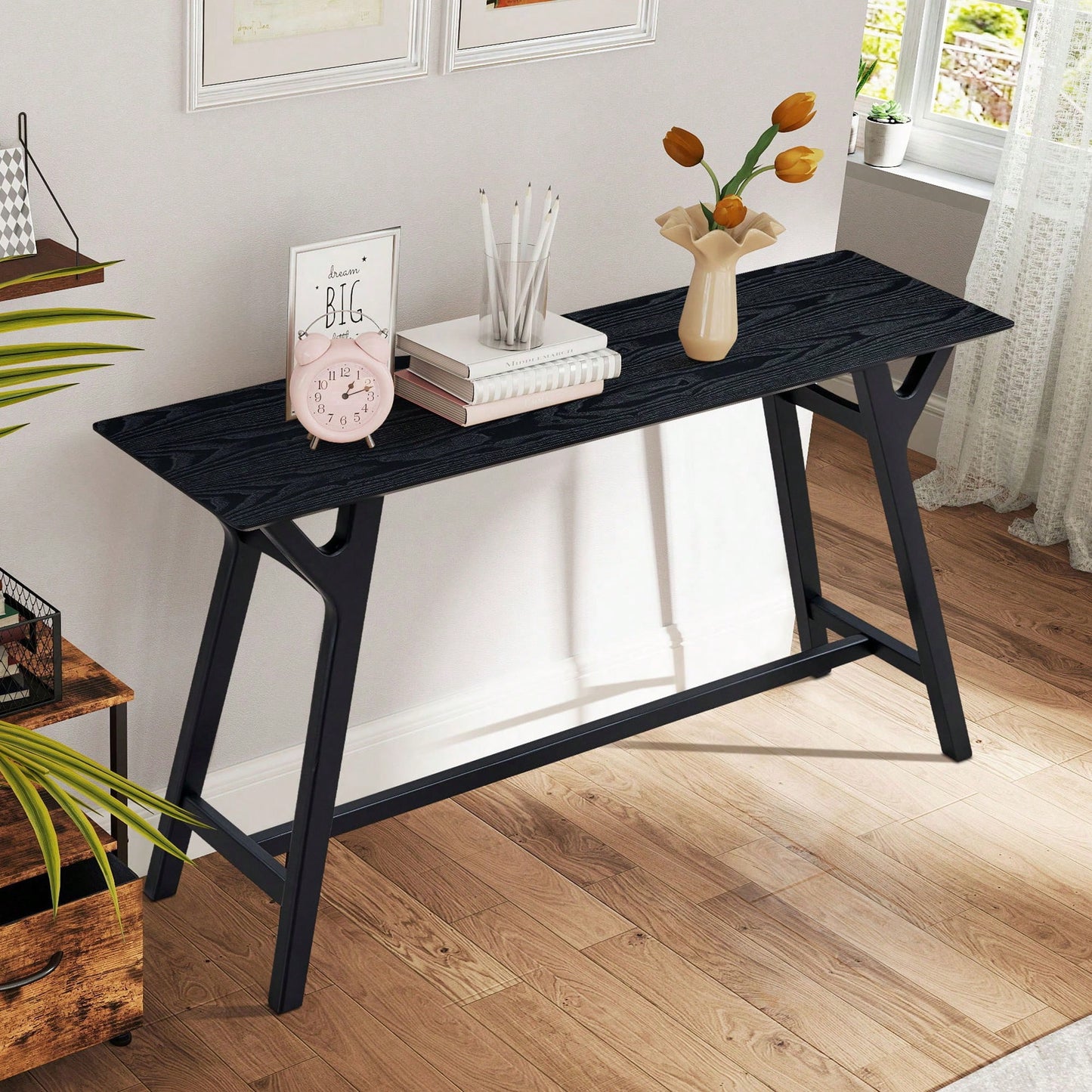 Modern Narrow Console Table With Solid Wood Legs For Living Room Entryway Hallway Black MDF Design