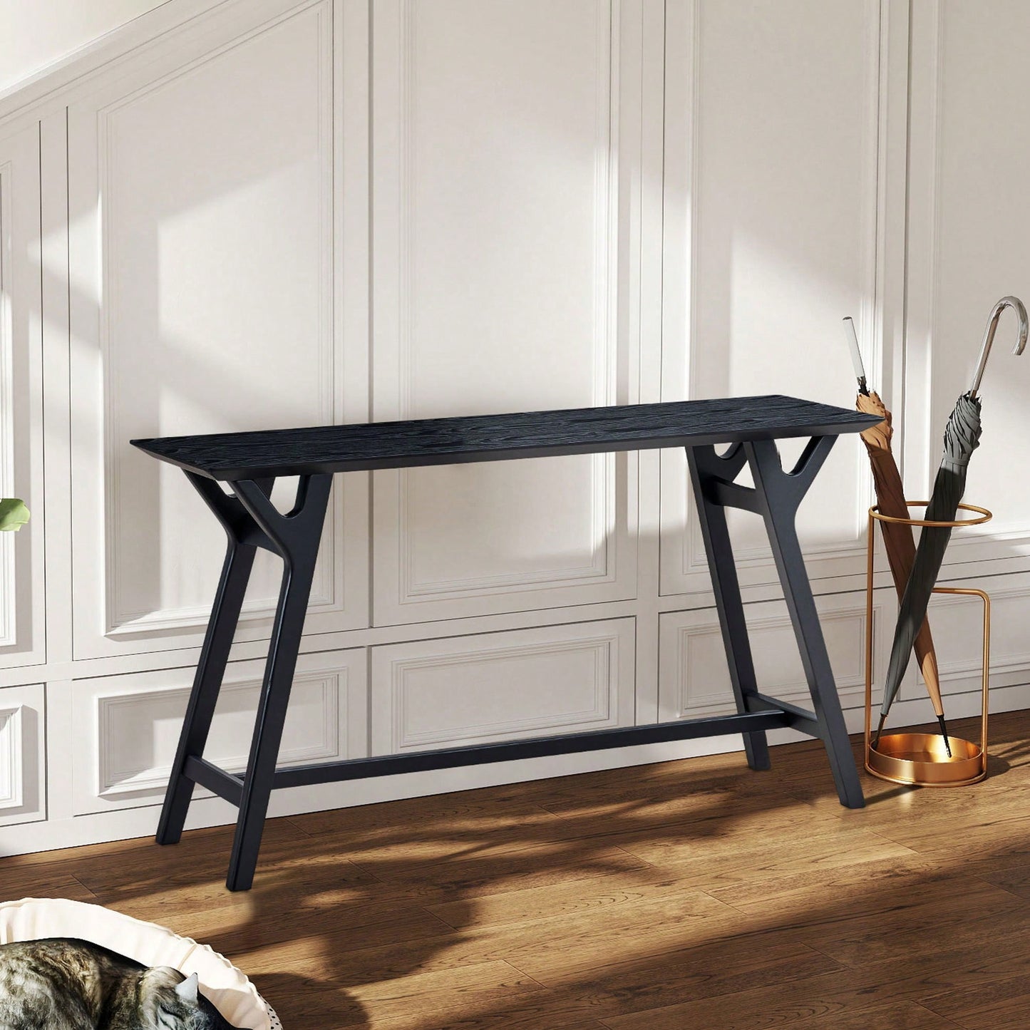 Modern Narrow Console Table With Solid Wood Legs For Living Room Entryway Hallway Black MDF Design