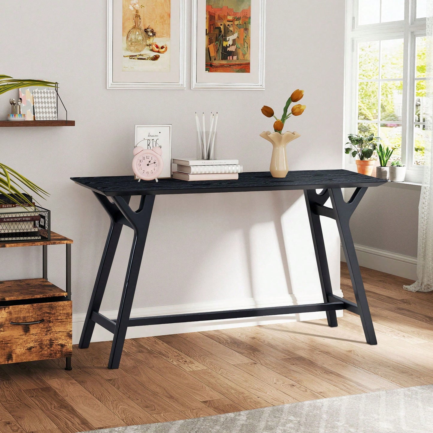 Modern Narrow Console Table With Solid Wood Legs For Living Room Entryway Hallway Black MDF Design