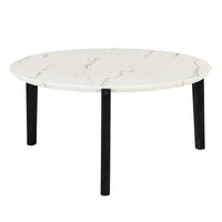 Modern 36 Inch Round Coffee Table With Imitation Marble Top And Solid Rubber Wood Legs For Living Room And Office