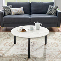 Modern 36 Inch Round Coffee Table With Imitation Marble Top And Solid Rubber Wood Legs For Living Room And Office