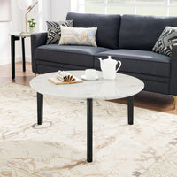 Modern 36 Inch Round Coffee Table With Imitation Marble Top And Solid Rubber Wood Legs For Living Room And Office