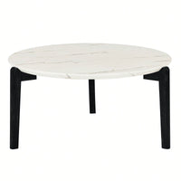 Modern 36 Inch Round Coffee Table With Imitation Marble Top And Solid Rubber Wood Legs For Living Room And Office